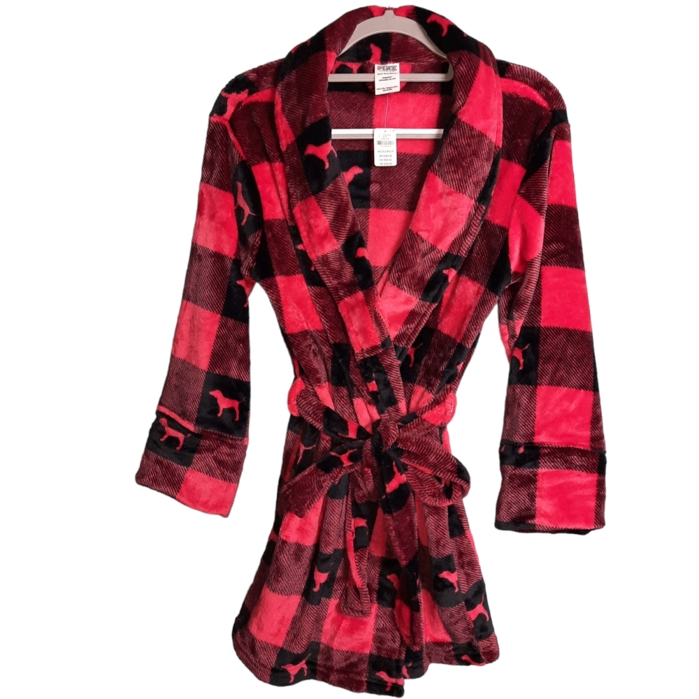 VS PINK Buffalo Plaid Dog Plush Wrap Robe NWT SZ XS
